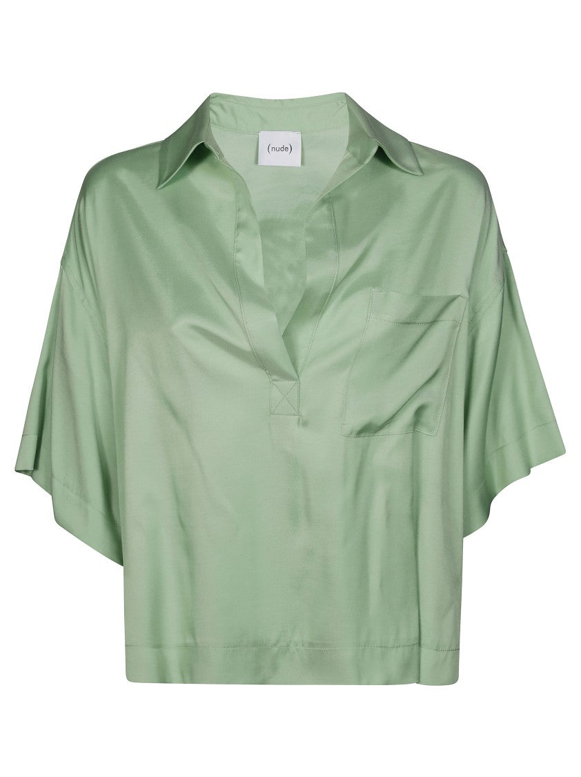 Nude Cropped Green Top With Classic Collar