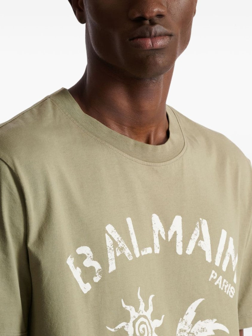 Balmain Muted Green Relaxed Tropical Print T-Shirt