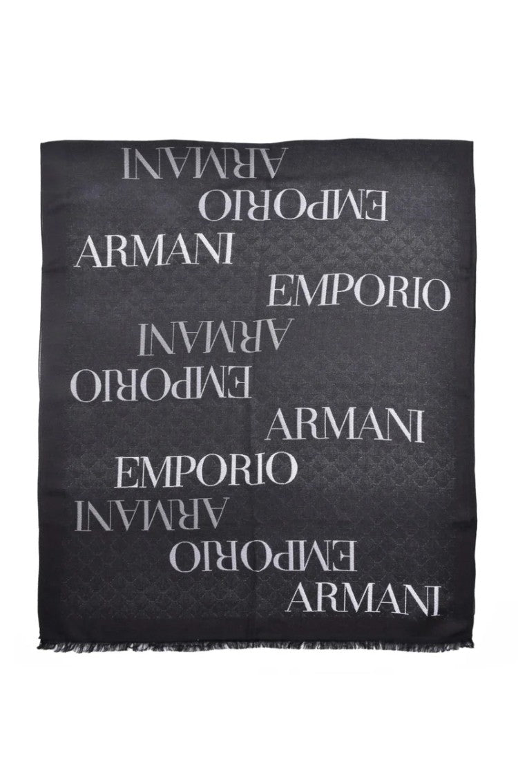 Emporio Armani Rectangular Black Stole With Textured Pattern And Fringe Detail