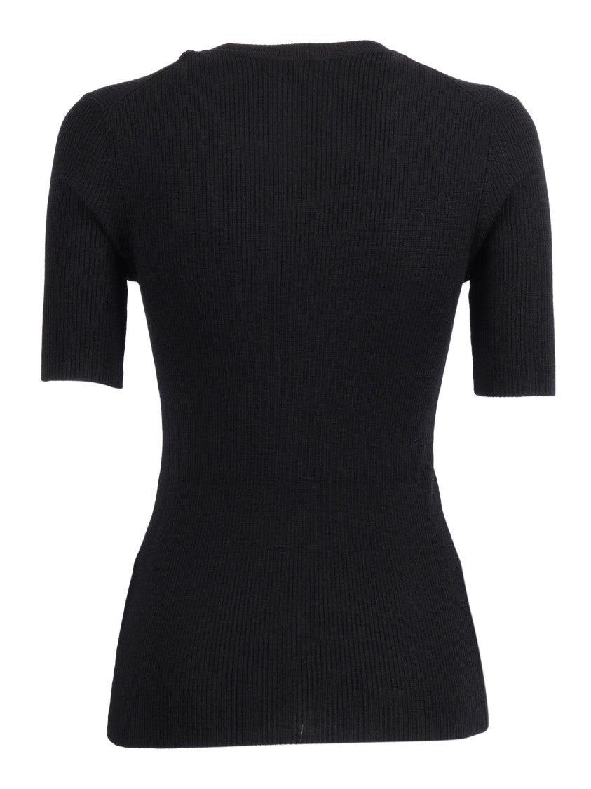 P.A.R.O.S.H. Fitted Black Ribbed Short-Sleeve Top With Round Neckline