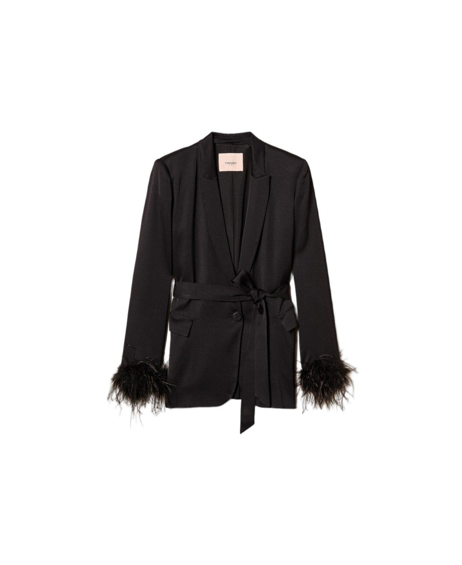 Twin-Set Black Viscose Satin Feather-Trimmed Cuffs Blazer