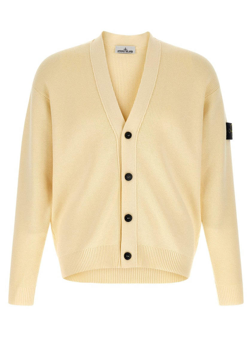 Stone Island Ribbed Organic Cotton Cardigan With V-Neck And Logo Badge