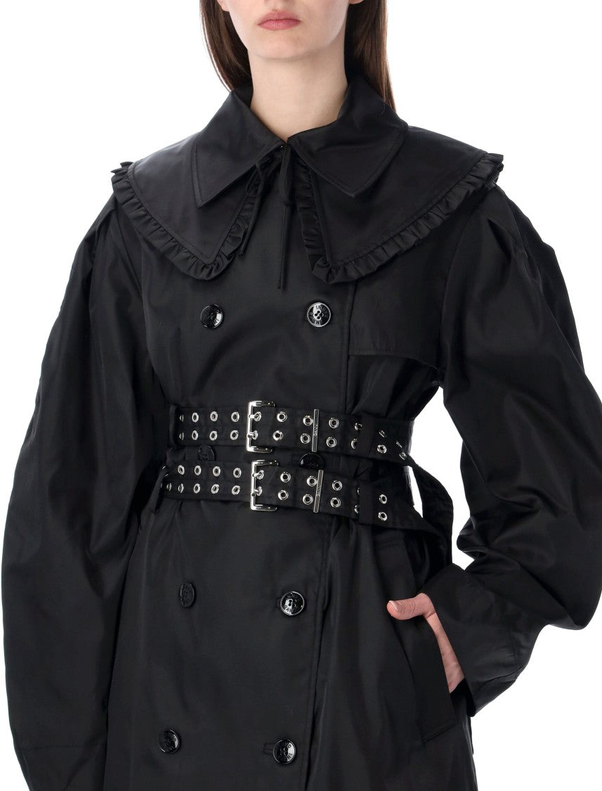 Ganni Structured Duchesse Nylon Trench Coat With Ruffled Collar