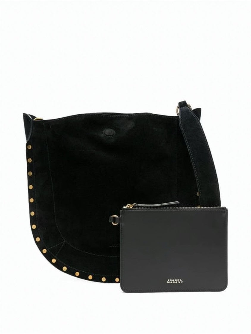 Isabel Marant Curved Black Suede Shoulder Bag With Gold-Tone Studs