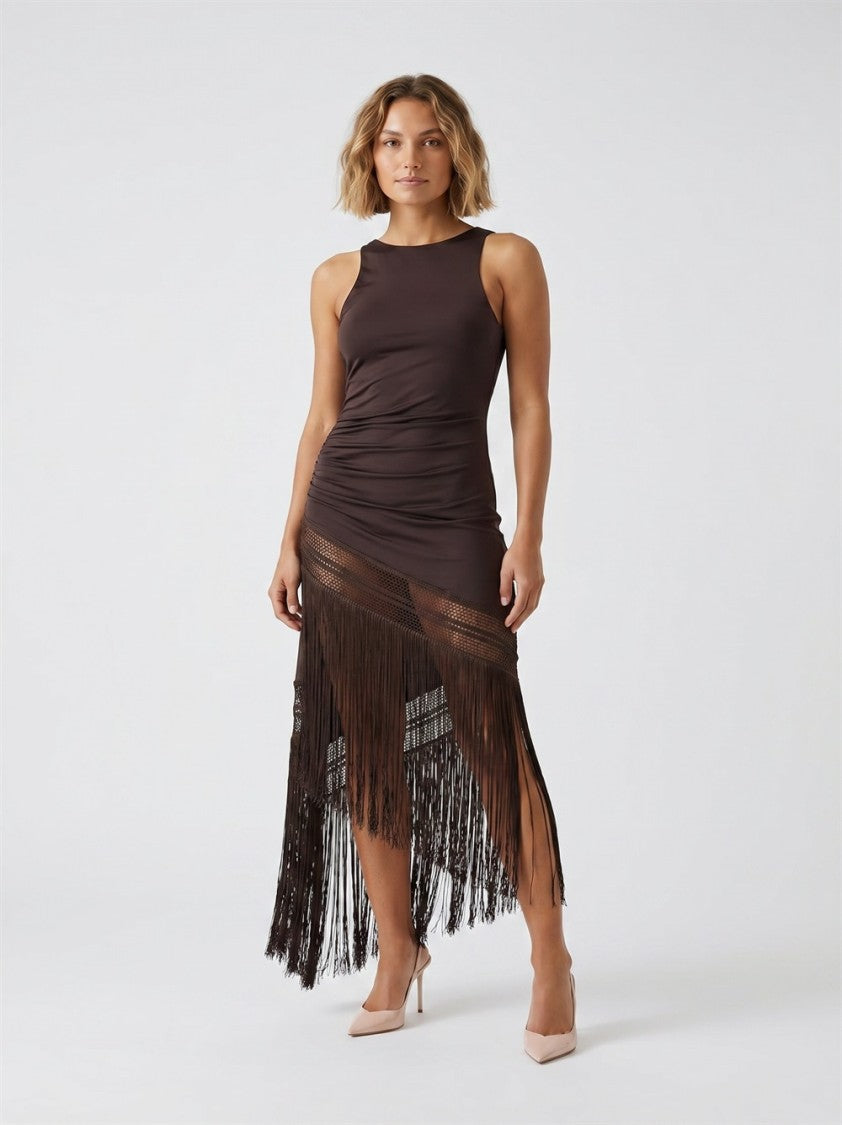 The Andamane Brown Marisol American-Neck Fringe-Bottom Polyester Midi Dress