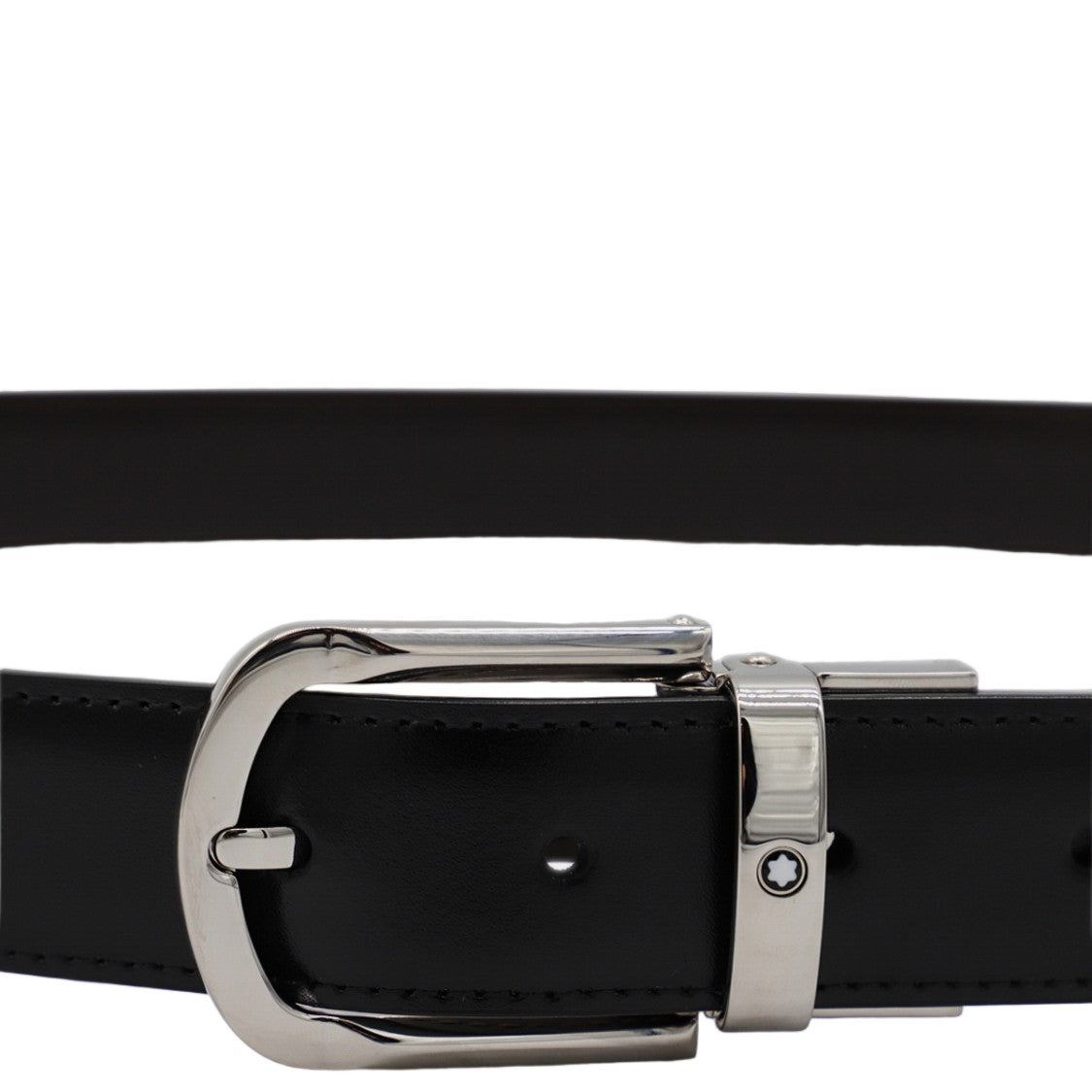 Montblanc Sleek Black Leather Silver Buckle Belt