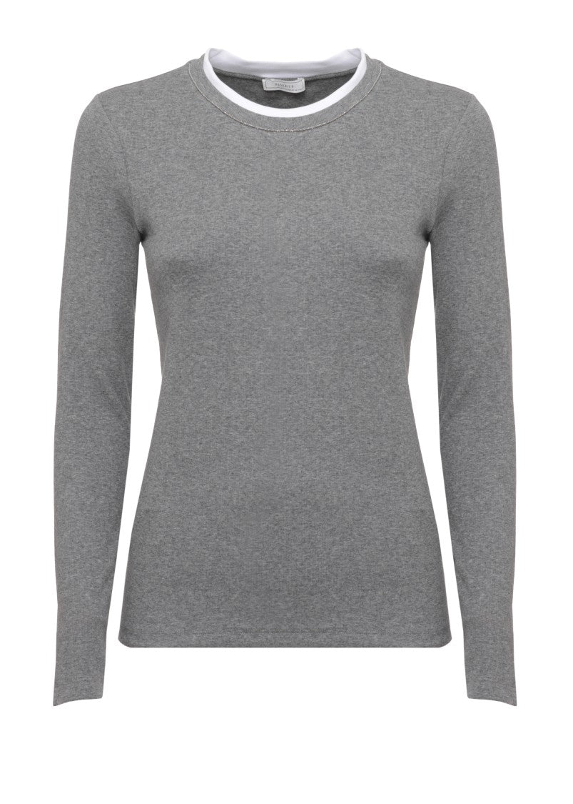 Peserico Fitted Cotton Knit Sweater With Contrasting Round Neckline