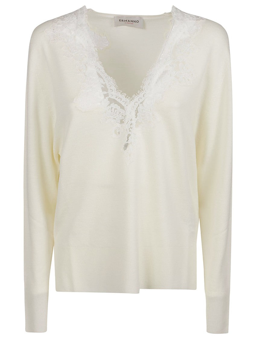 Ermanno Firenze V-Neck Sweater With Intricate Lace Detailing