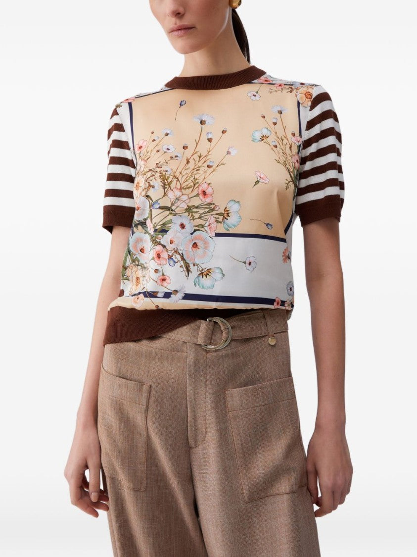 Liu Jo Beige Striped Floral Print Sweater