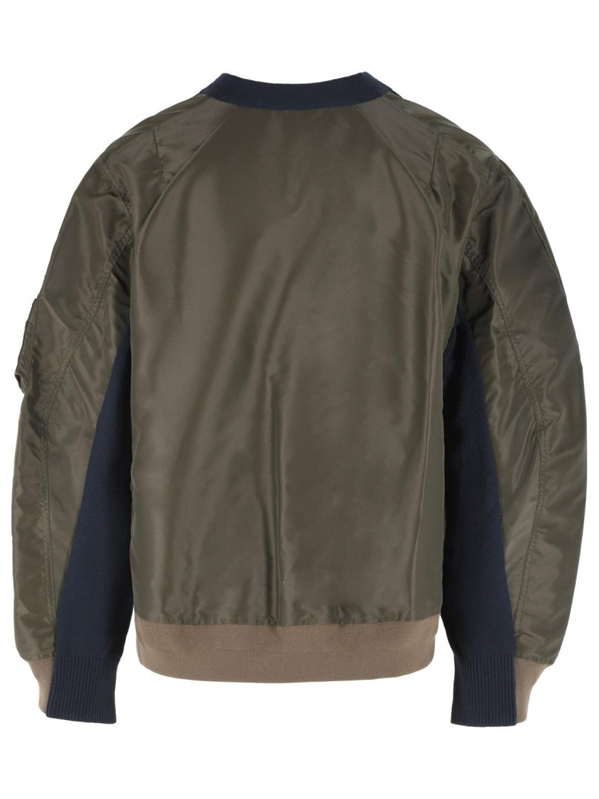Sacai Cardigan In Navy Cotton And Khaki Blend