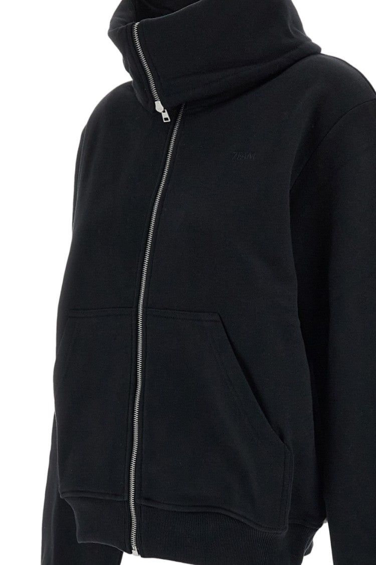 7 For All Mankind Black Cropped High-Neck Cotton Zip-Up Sweatshirt