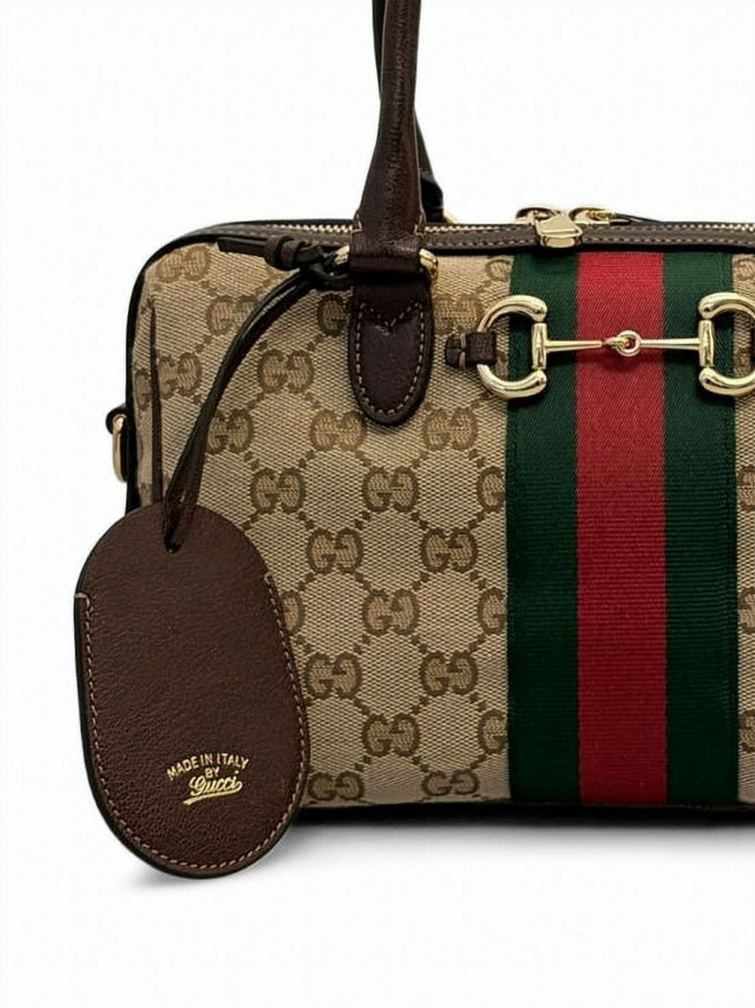 Gucci Medium Boston Bag In Gg Canvas With Iconic Stripe Detail