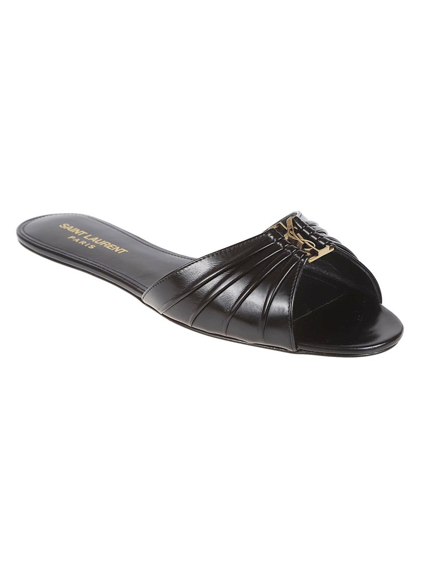 Saint Laurent Almond-Toe Ruched Upper Metallic Logo Flat Sandals