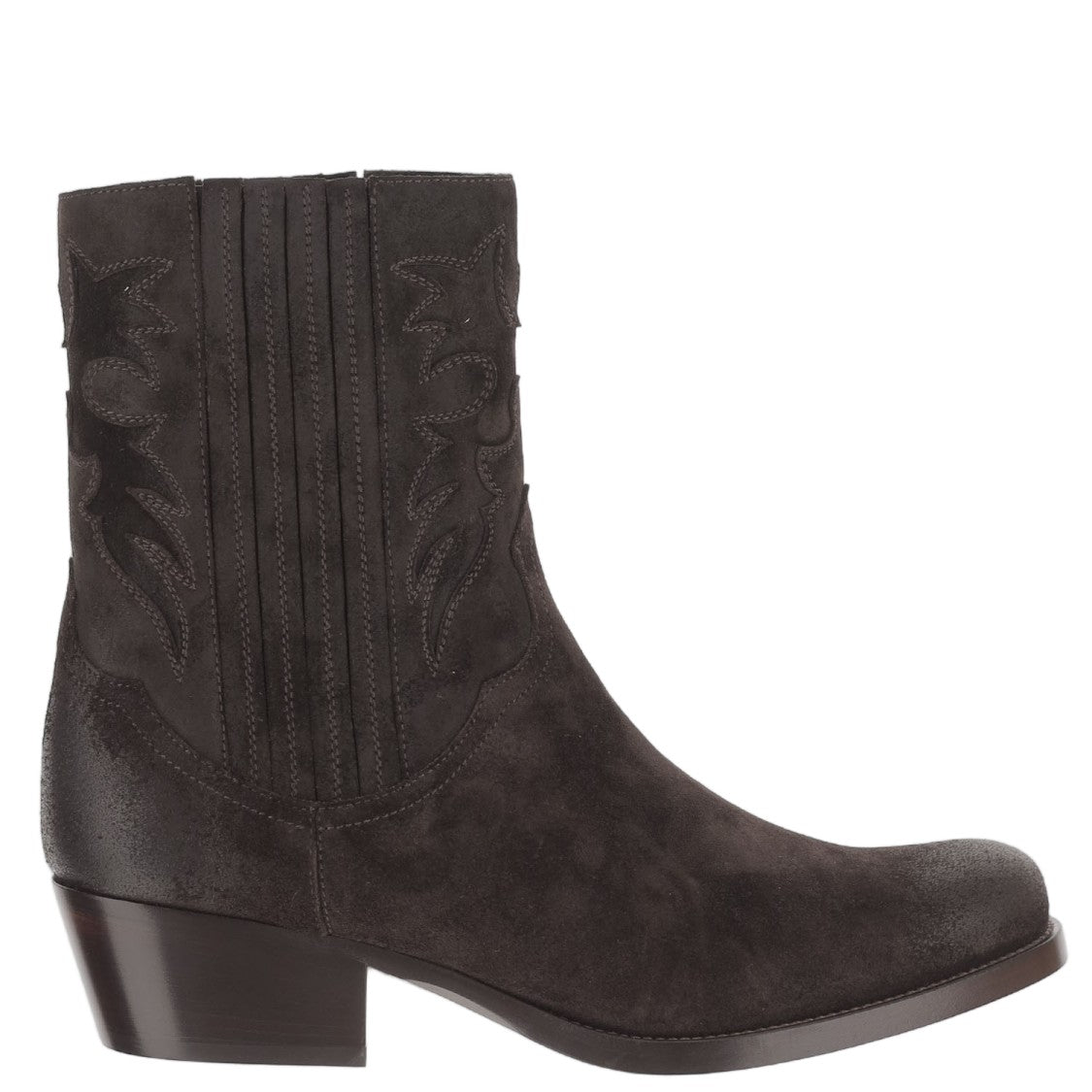 Sartore Dark Brown Suede Ankle Boots With Pointed Toe And Decorative Stitching