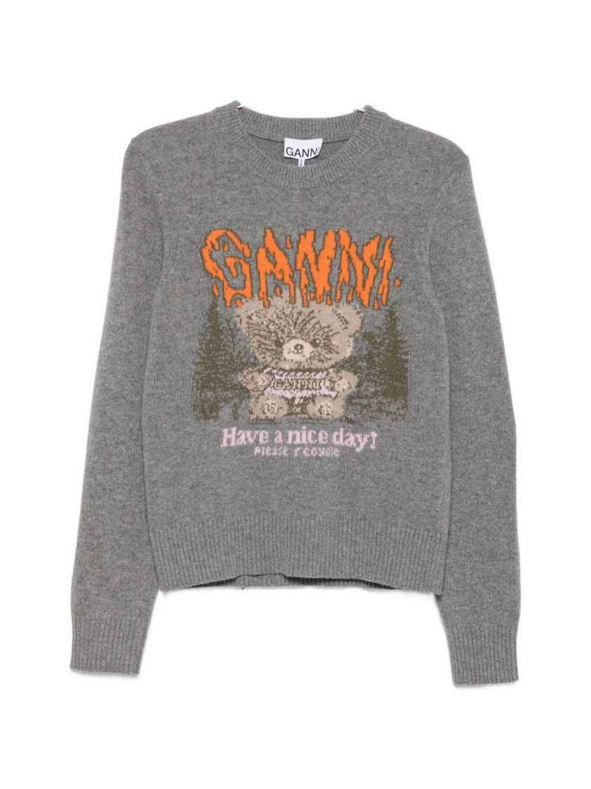 Ganni Grey Knit Sweater With Playful Teddy Bear Graphic