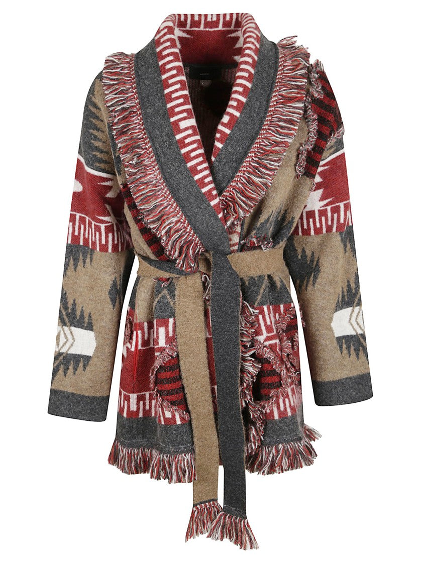 Alanui Tribal-Pattern Knit Cardigan With Shawl Collar And Fringed Edges
