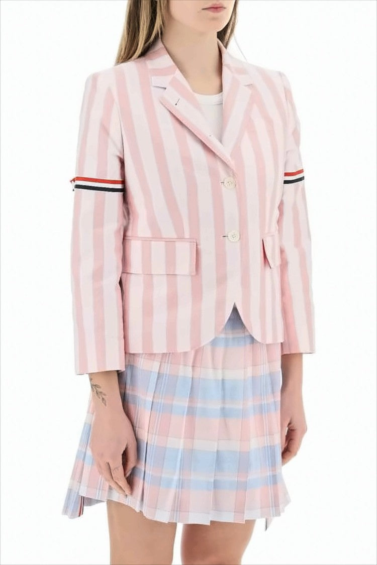 Thom Browne Cropped Pink Striped Tailored Jacket With Tricolor Accents