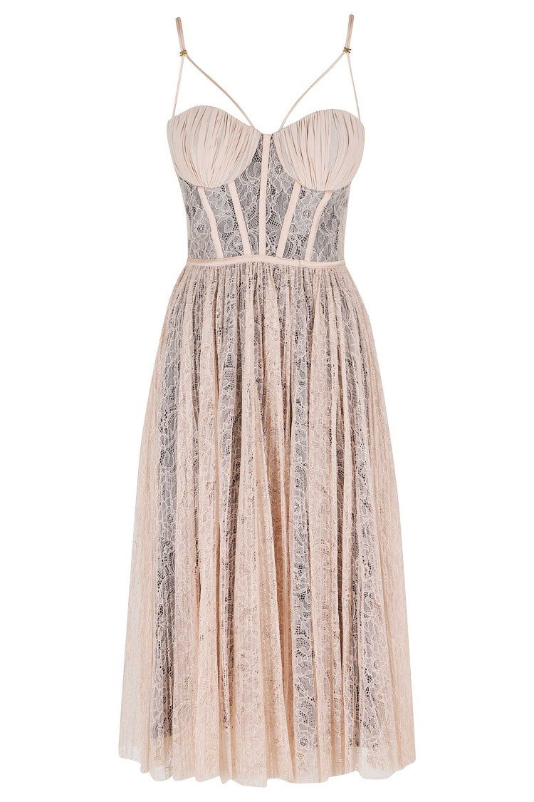 Elisabetta Franchi Neutrals Lace Midi Bustier Pleated Polyamide Midi Dress