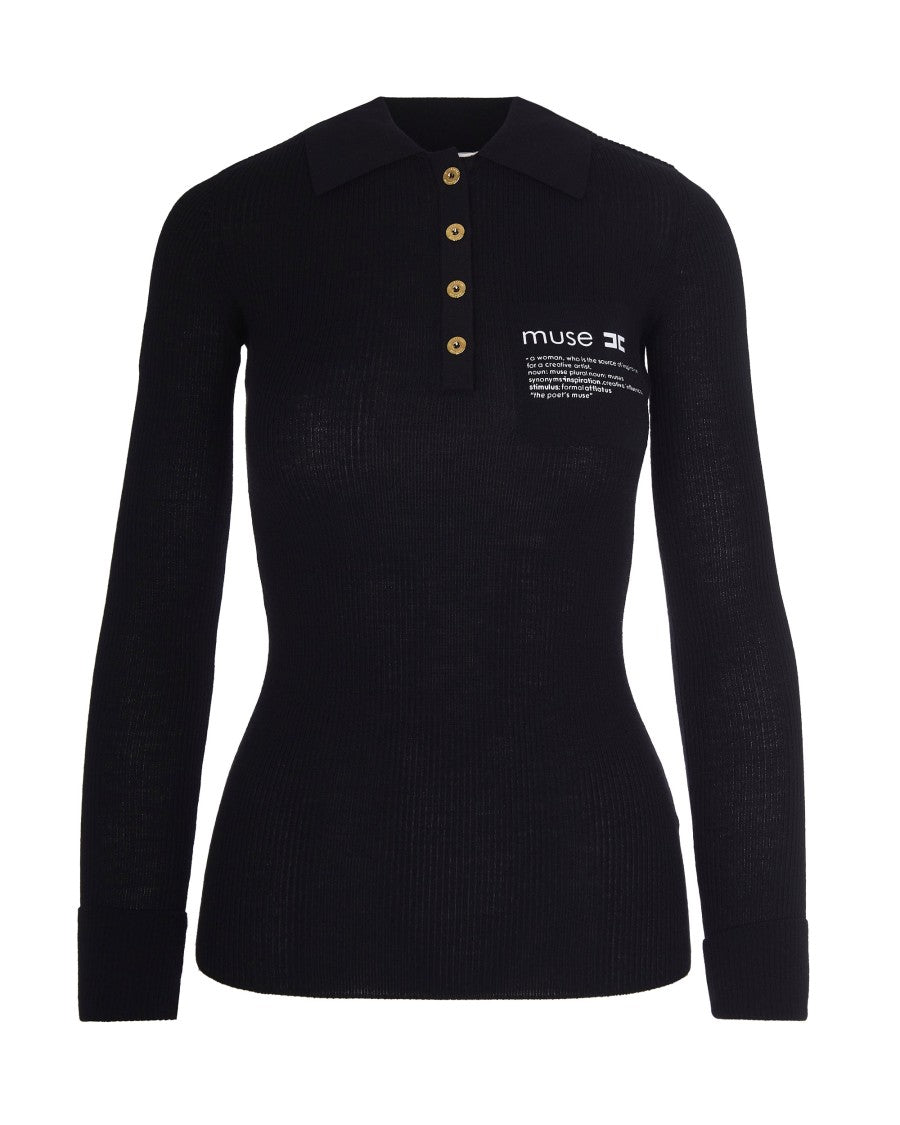Elisabetta Franchi Black Knit Polo With Lettering Detail