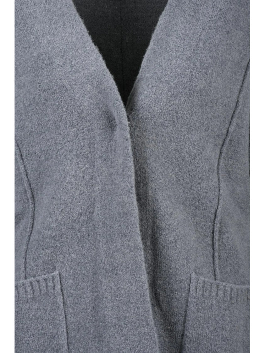 Kangra Long Grey Cardigan With Snap Button Closure And Textured Knit
