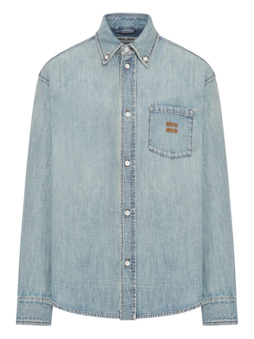 Miu Miu Stonewashed Oversized Chambray Shirt With Embroidered Detailing