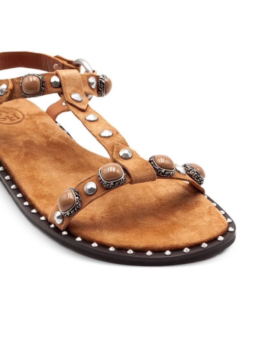 Ash T-Strap Sandals With Brown Stud Embellishments
