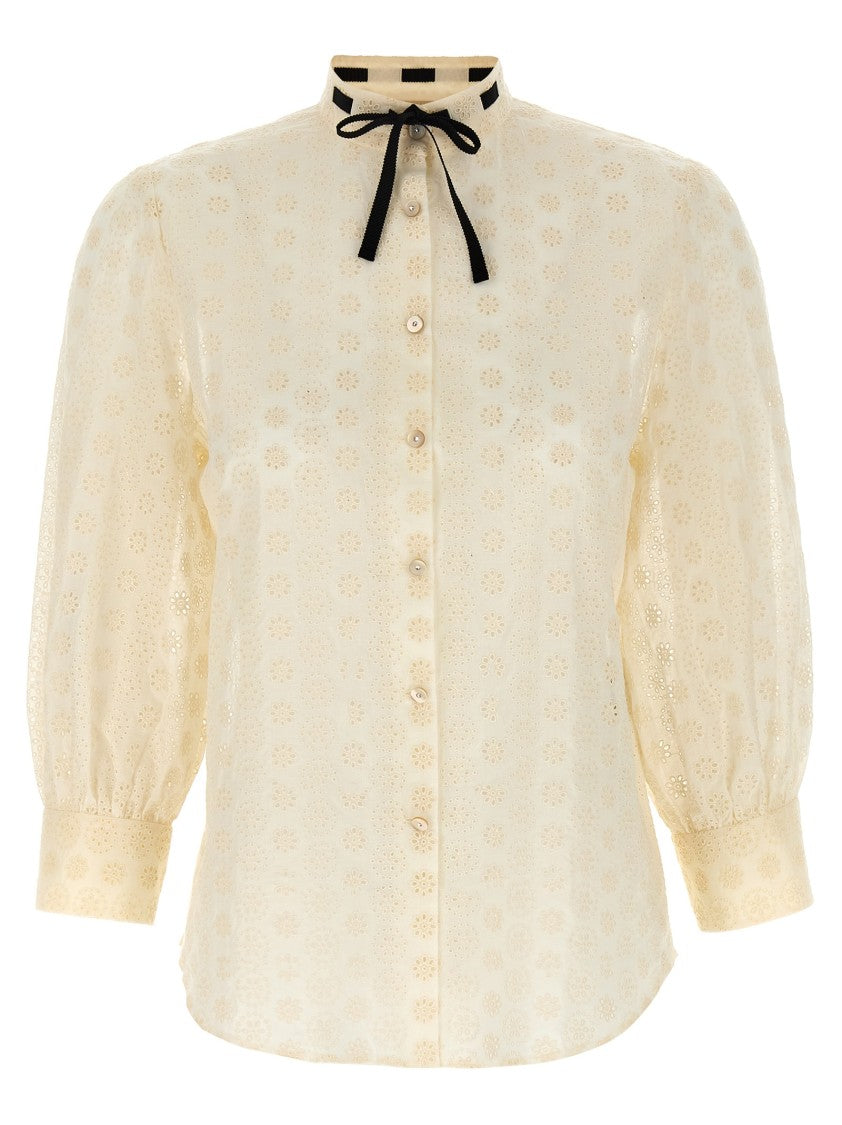 Valentino Garavani Daisy Sangallo Polka Dot Shirt With Grosgrain Ribbon And Rhinestone Buttons