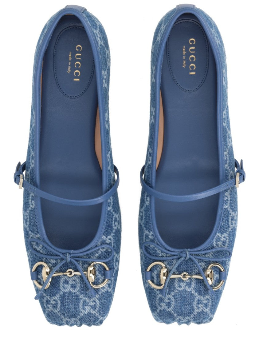 Gucci Horsebit Denim Flat Ballerina Shoes