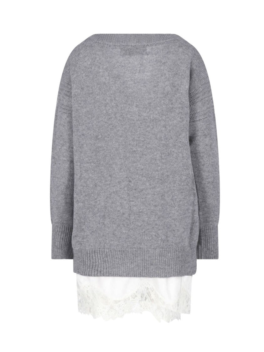 Ermanno Scervino Grey V-Neck Lace Cashmere Mini Dress