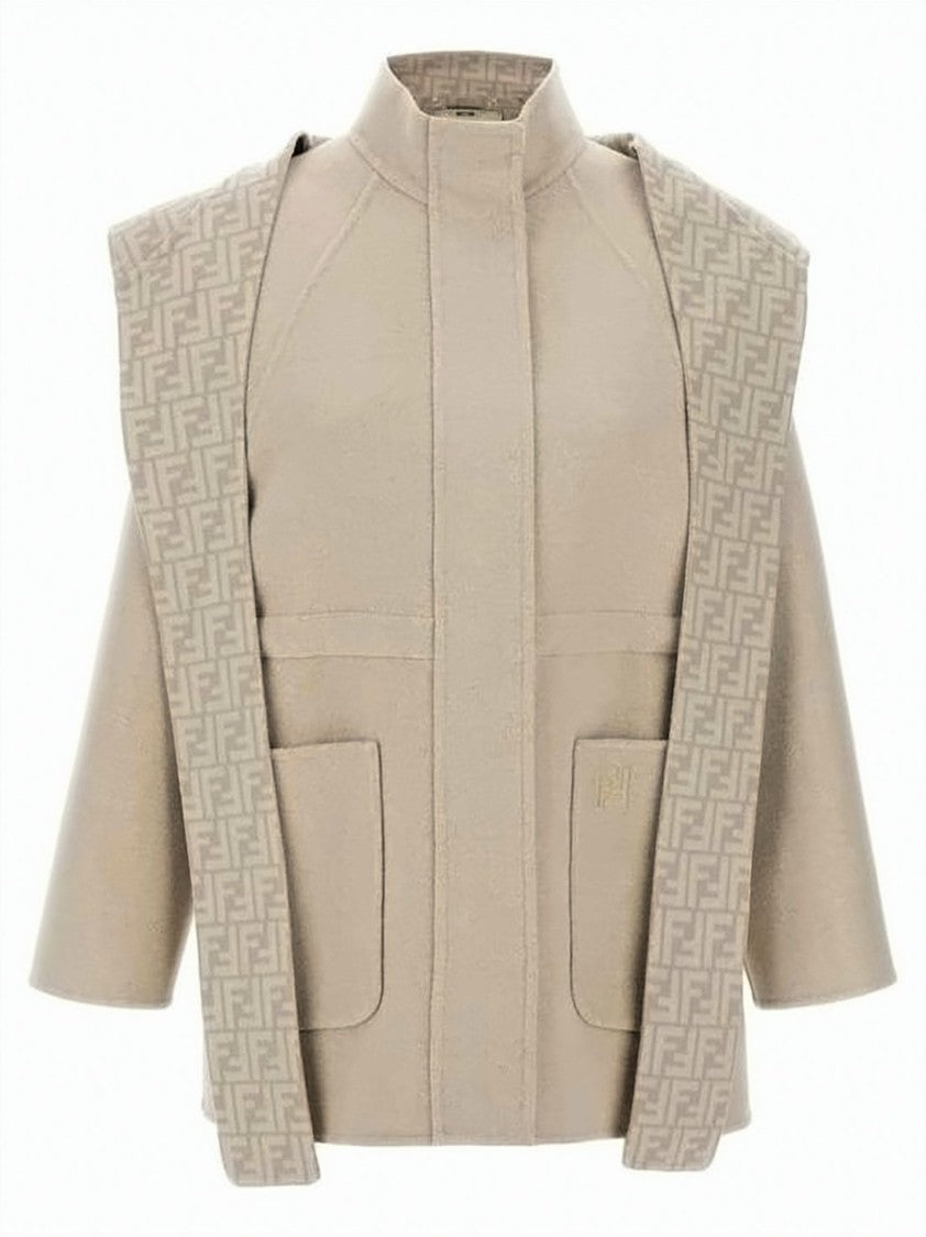 Fendi High Collar Beige Wool-Silk Blend Jacket With Monogram Accents