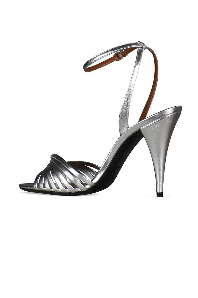 Saint Laurent Silver Metallic Leather Sandals With Overlapping Straps