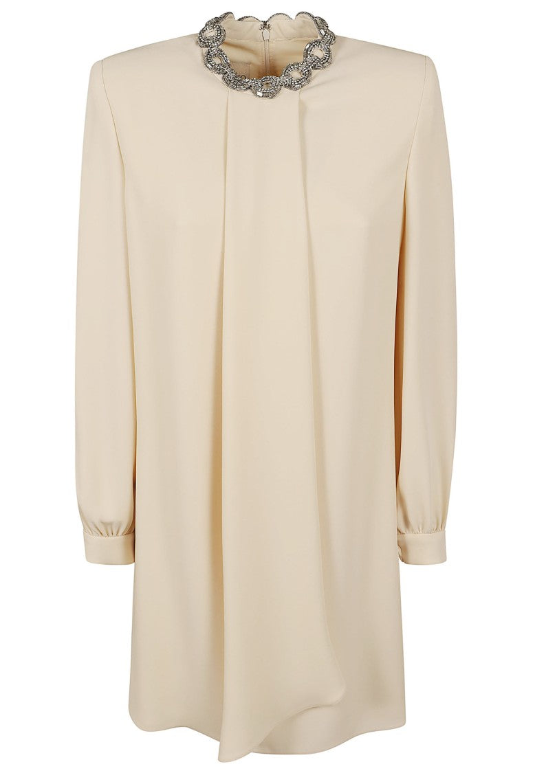 Valentino Garavani Embroidered Silk Mini Dress With Padded Sleeves And Rhinestone Detail
