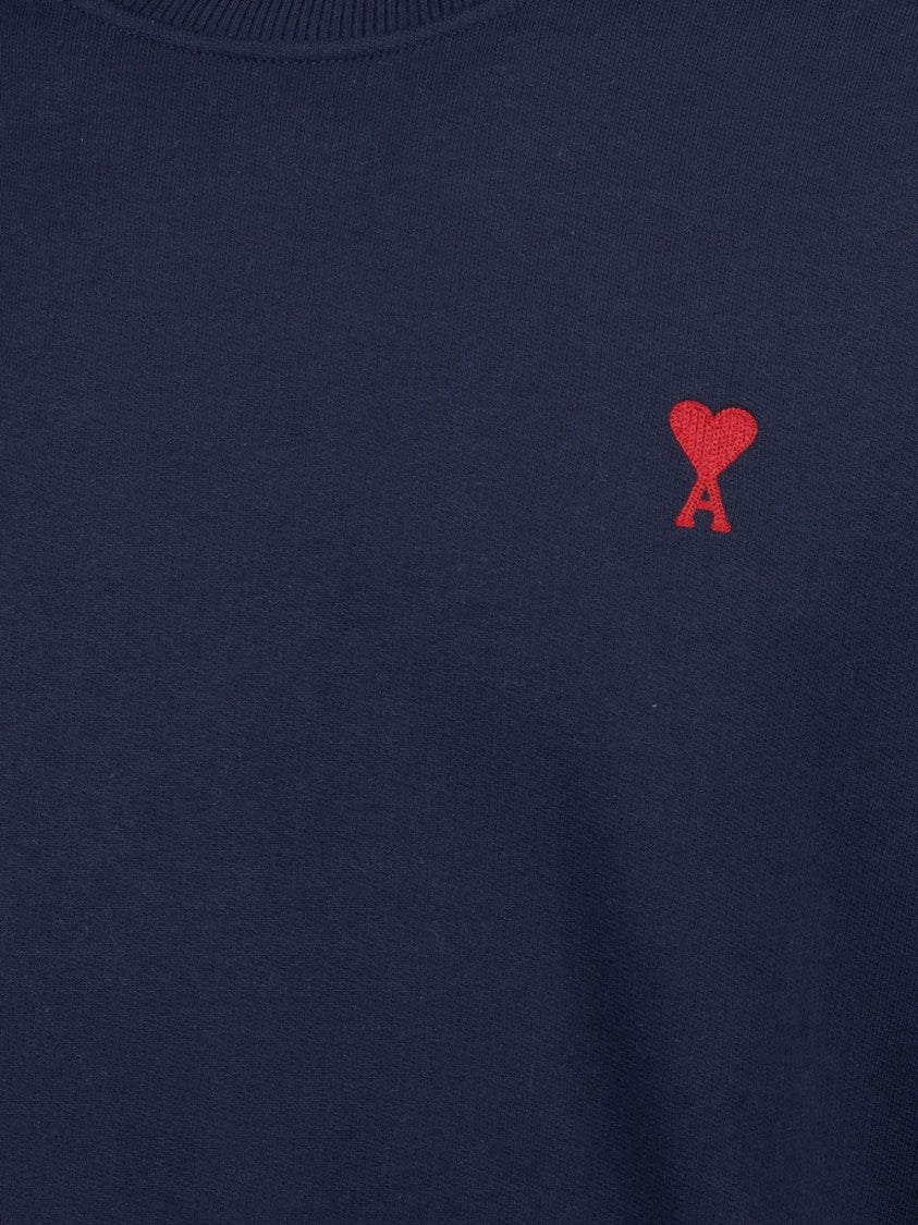 Ami Navy Blue Cotton Jersey Sweater With Signature Embroidered Motif