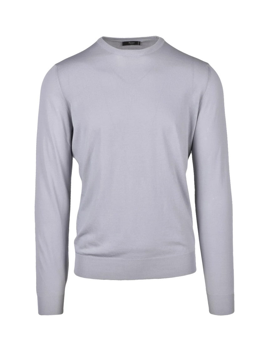 Fama Light Grey Crew Neck Sweater With Ribbed Details