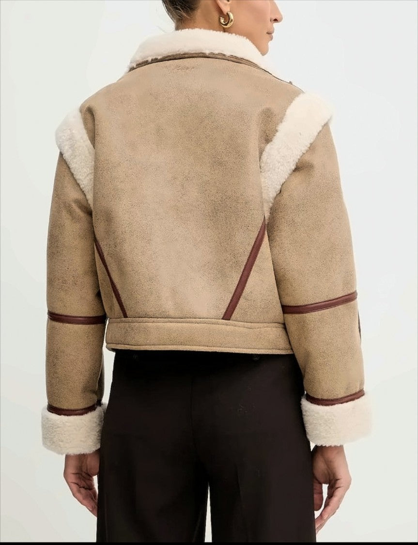 Boss Beige Faux Leather Coat With Detachable Sleeves