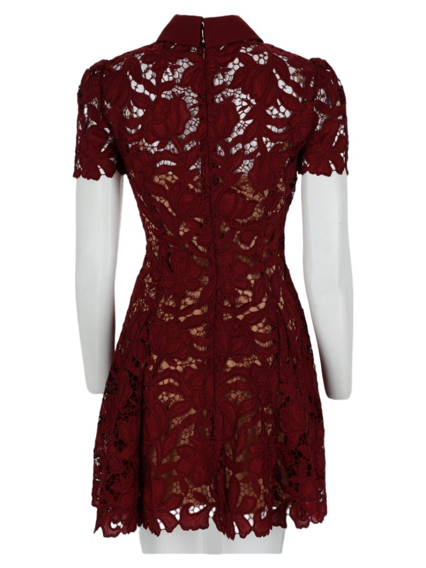 Self-Portrait Burgundy Floral Lace Mini Dress With Puff Sleeves And Scalloped Hem