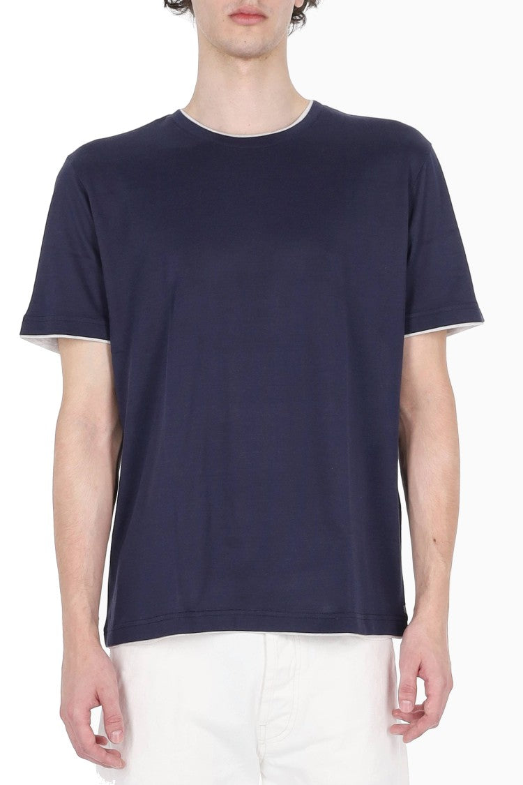 Eleventy Blue Double-Trim Cotton T-Shirt
