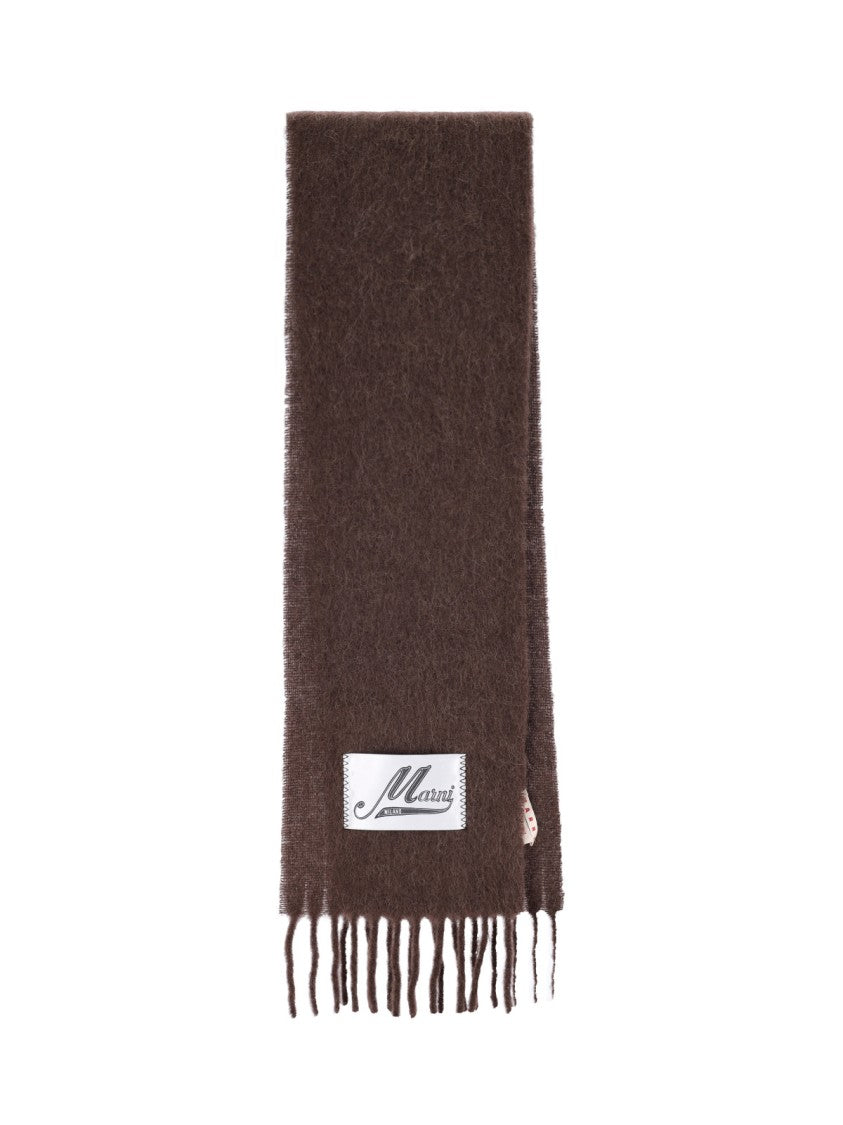 Marni Rectangular Brown Alpaca Blend Scarf With Fringed Edges And Logo Tag