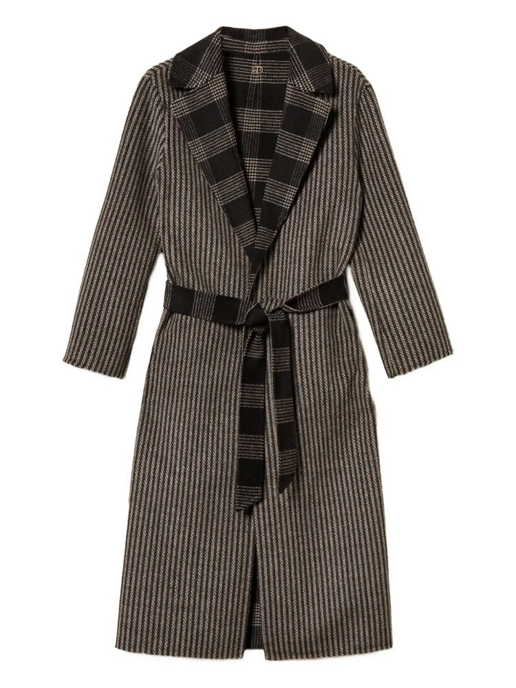 Twin-Set Striped Wool Blend Coat With Checkered Lapel And Belted Waist