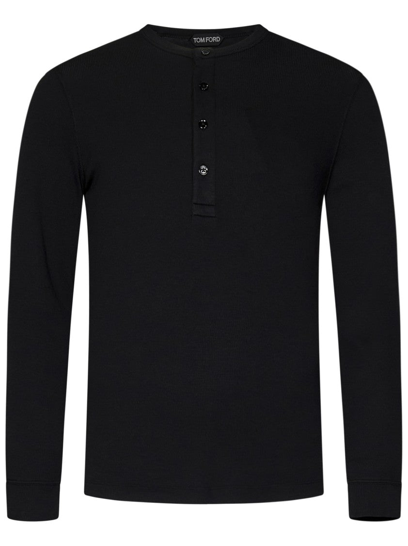 Tom Ford Tailored Black Henley T-Shirt With Ribbed Detailing