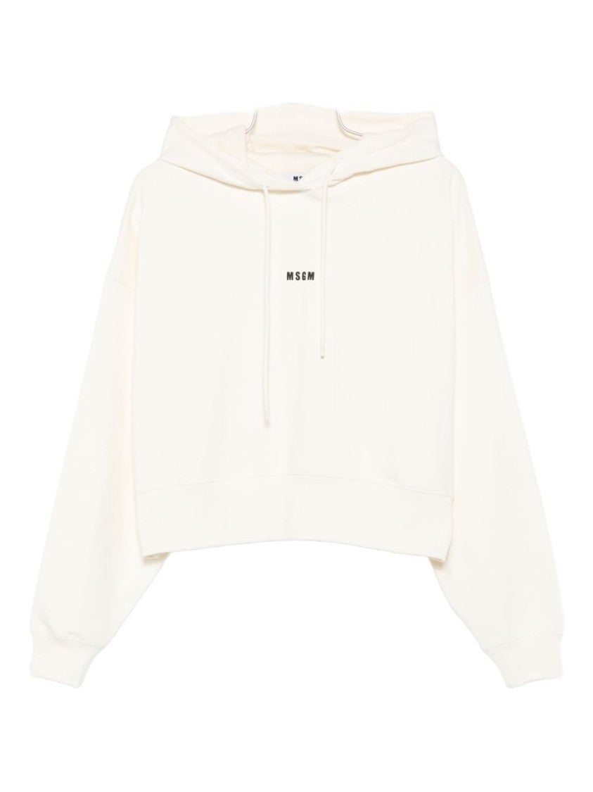 Msgm Cropped White Hoodie With Classic Crew Neck