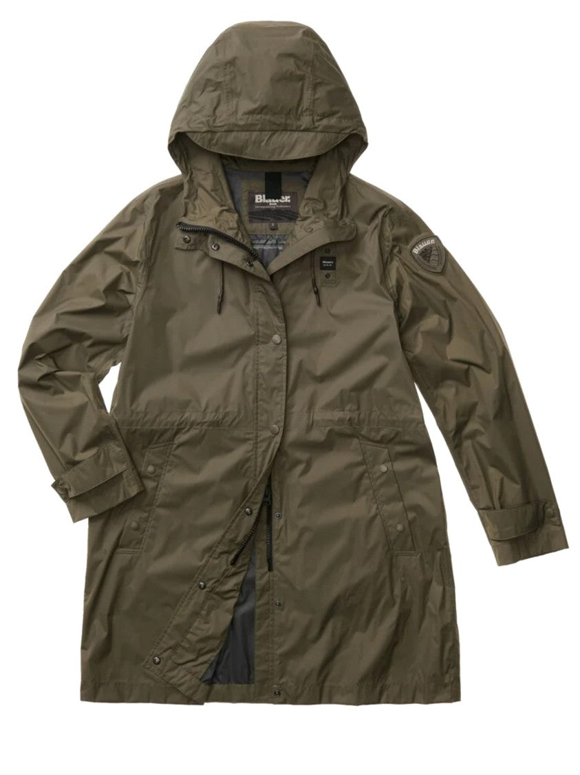 Blauer Long Green Impermeable Coat With Adjustable Features