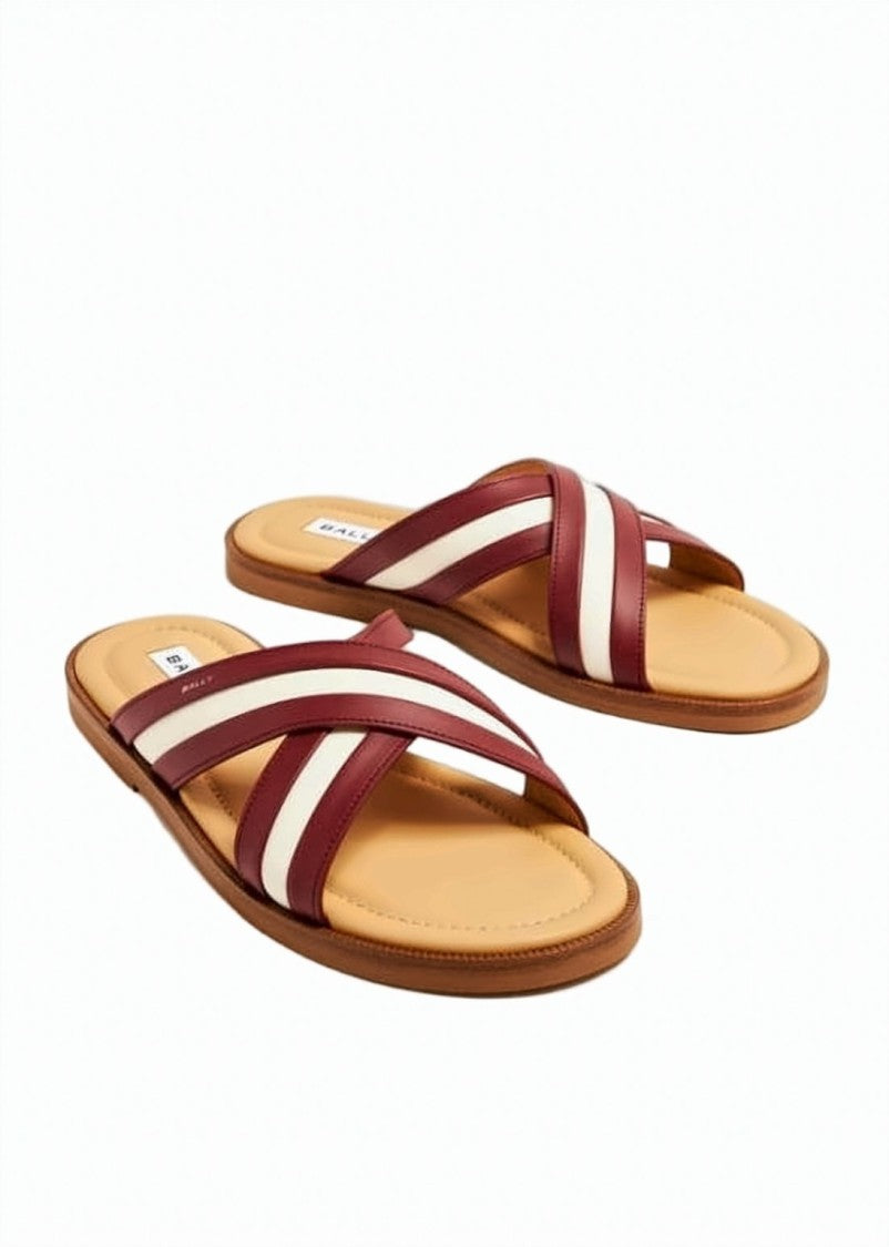 Bally Crossed Leather-Strap Slip-On Sandals With Cushioned Footbed