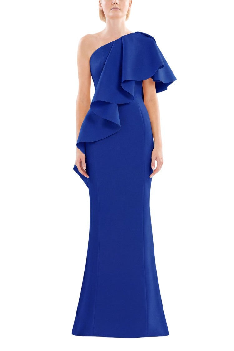 Saiid Kobeisy Yellow Pear Ruffled One-Shoulder Scuba Long Dress