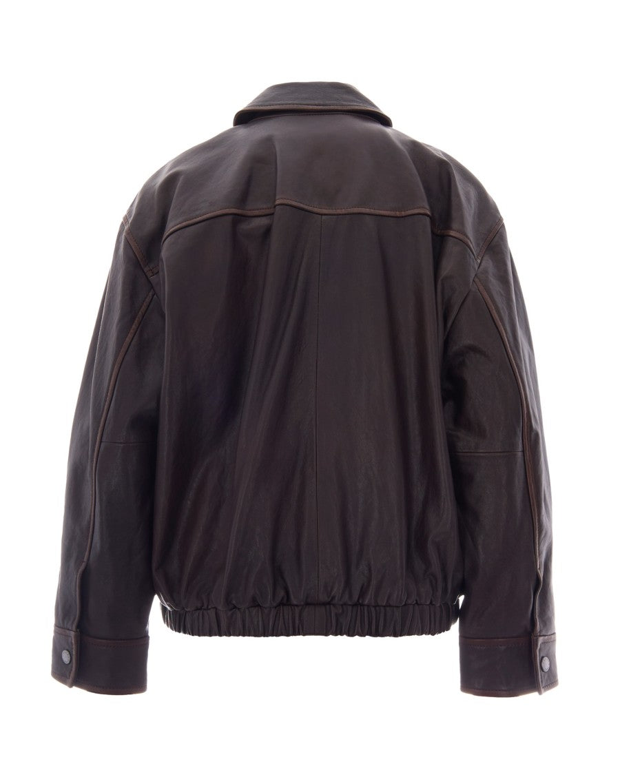 Max Mara Washed Finish Lamb Leather Shirt Collar Elasticized Bomber Jacket