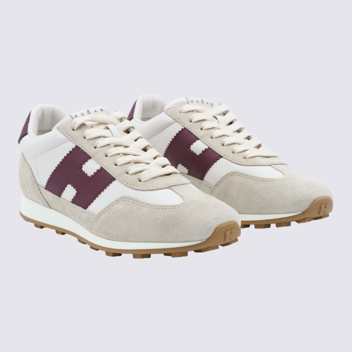 Hogan Light Beige Suede Sneakers With Burgundy Logo Accent