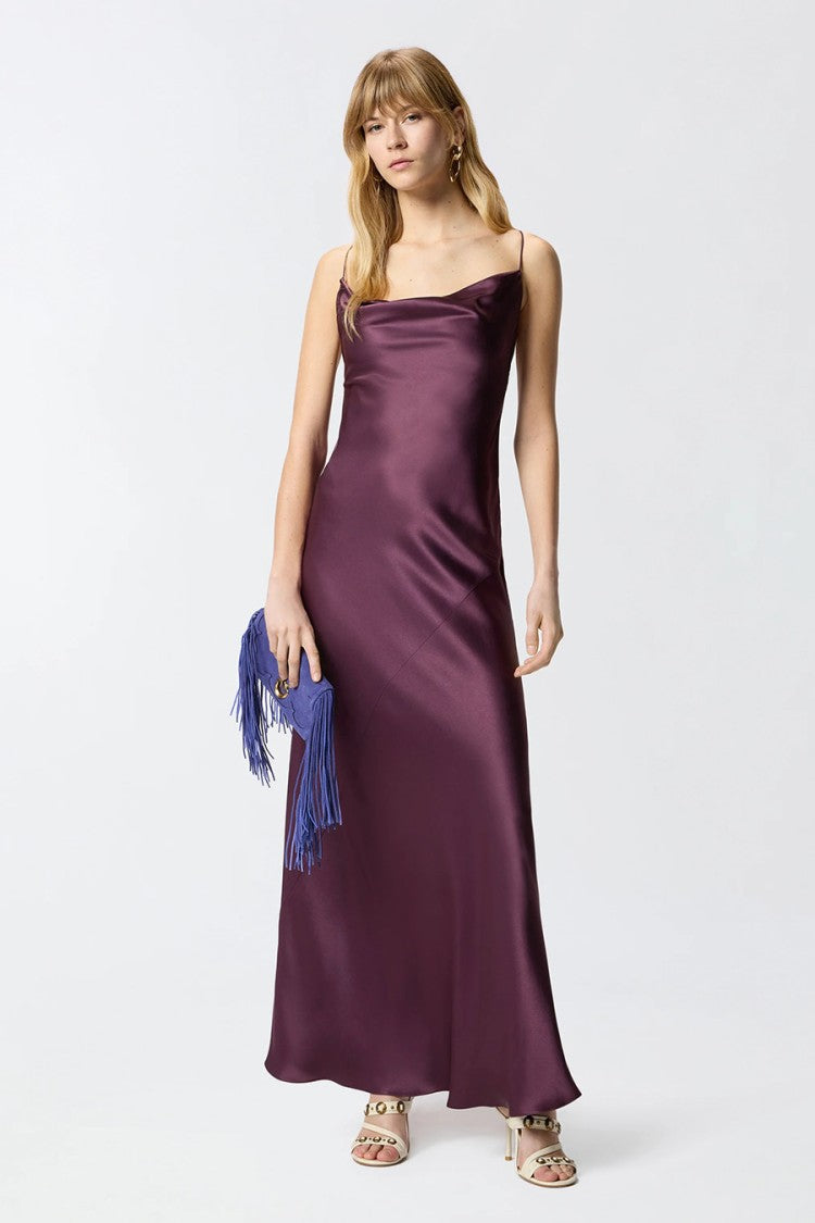 Pinko Burgundy Farro Bias-Cut Satin Acetate Slip Dress