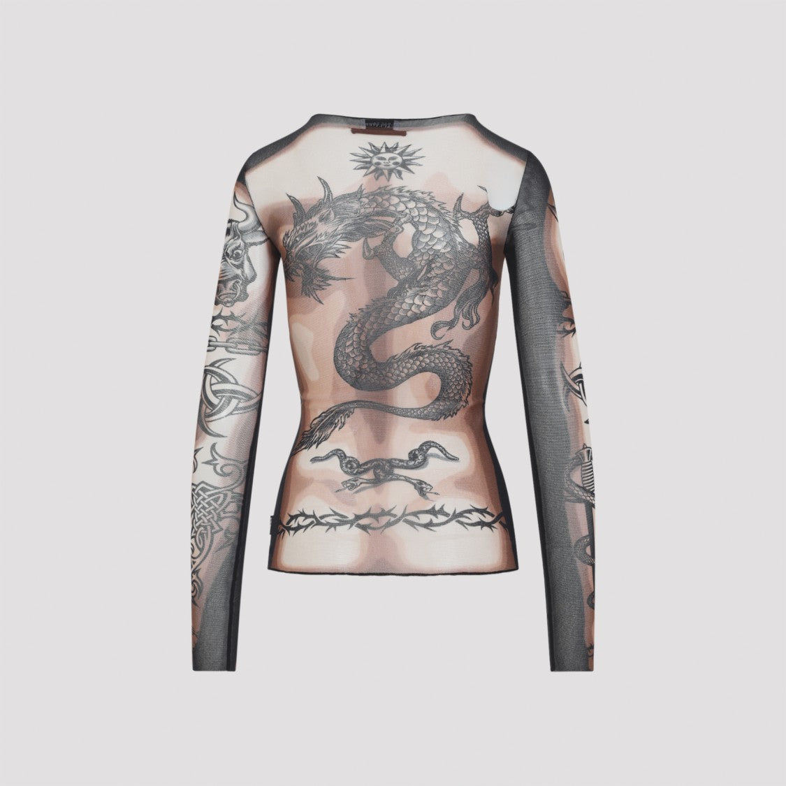 Jean Paul Gaultier Tattoo-Print Sheer Mesh Long-Sleeve Top