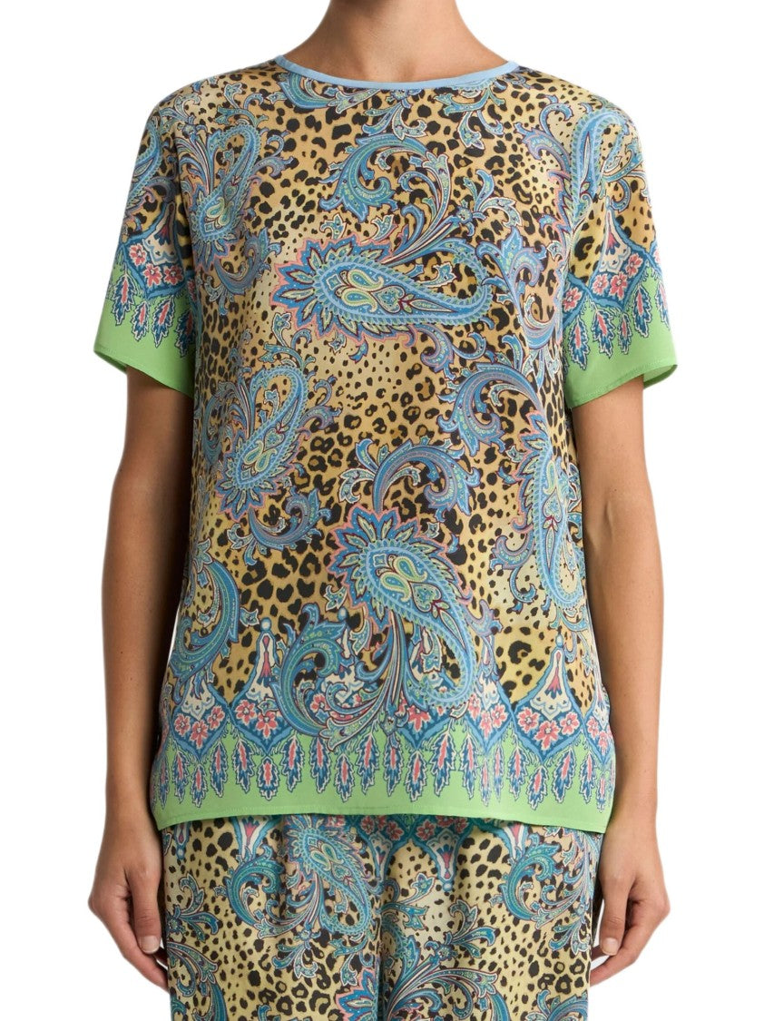 Etro Green Multicolor Paisley Animalier Silk Top