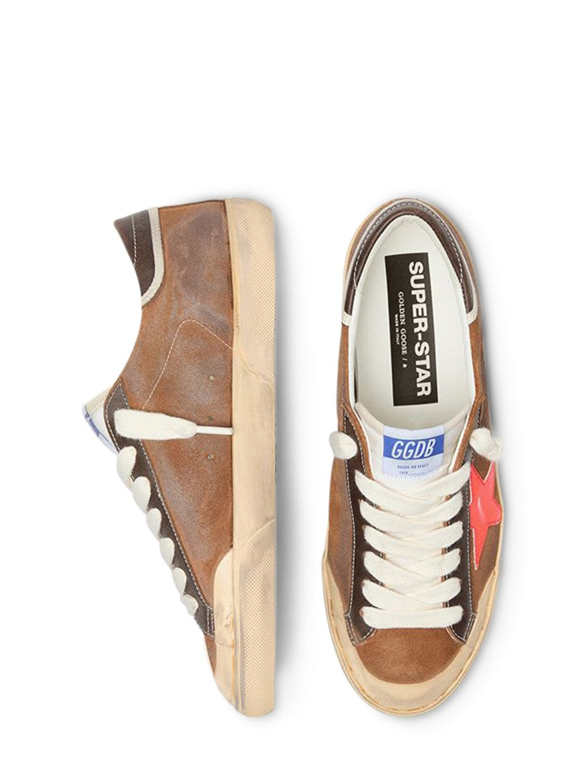 Golden Goose Distressed Brown Leather Sneakers With Red Star Accent